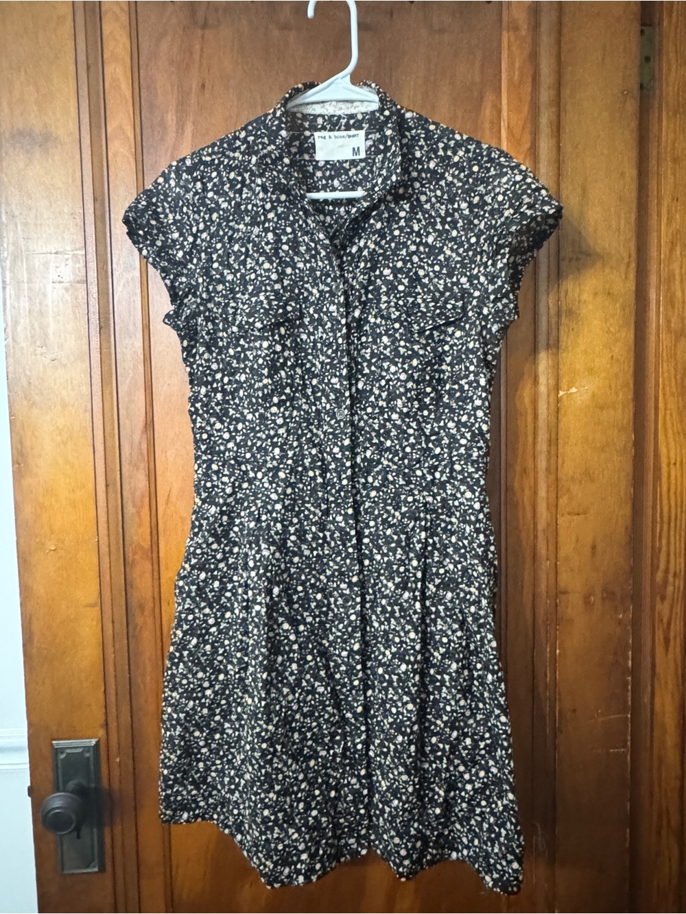 Rag & Bone Floral Button-Front Black & Cream Cap-Sleeve Dress, size M